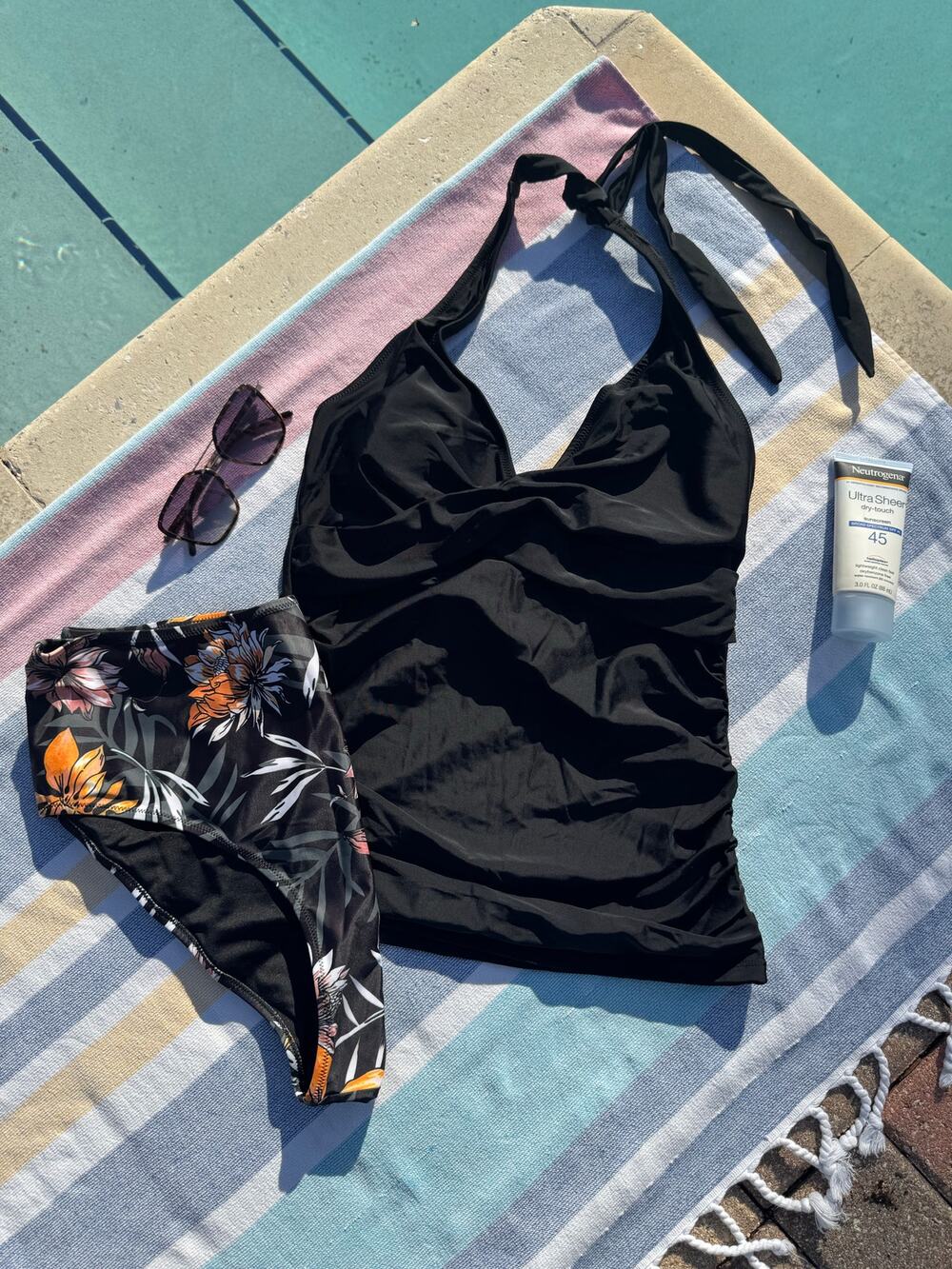 NWOT, Floral High Waist Bikini Bottoms + Black Halter Tankini Top - Size XL